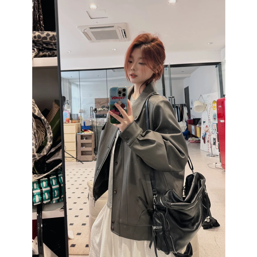 晶咕【酷到没边】复古机车宽松PU翻领皮衣外套