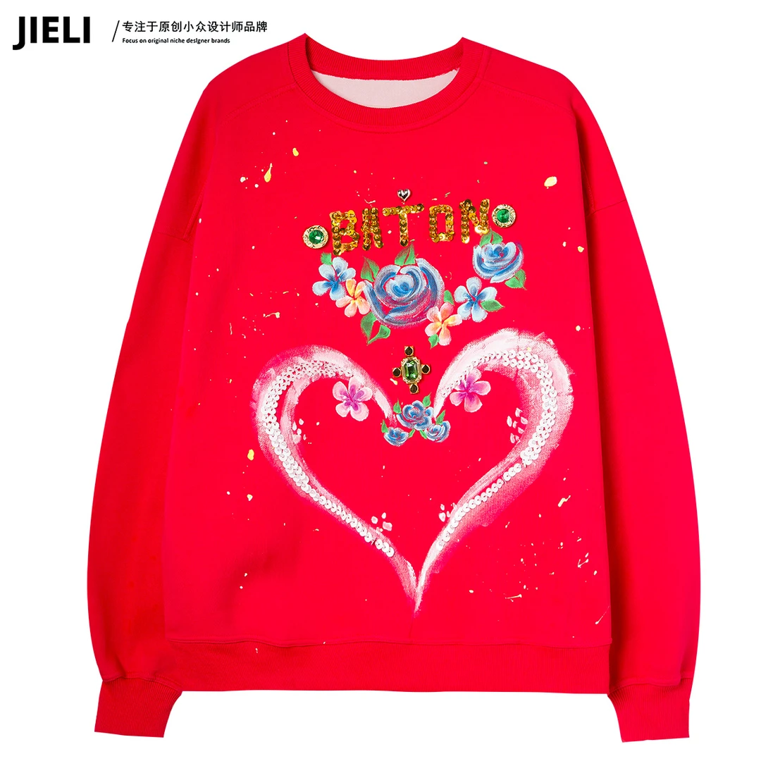 JIE LI/街力早秋原创小众设计休闲红色新年卫衣女S7200
