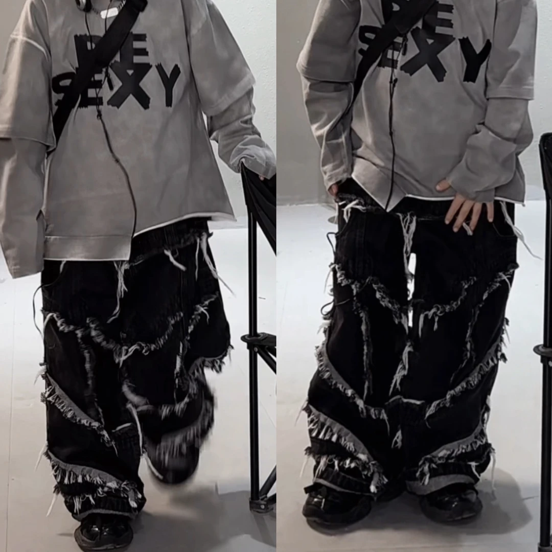 三乐乐家复古毛边牛仔裤潮流春秋季宽松高街嘻哈个性时尚