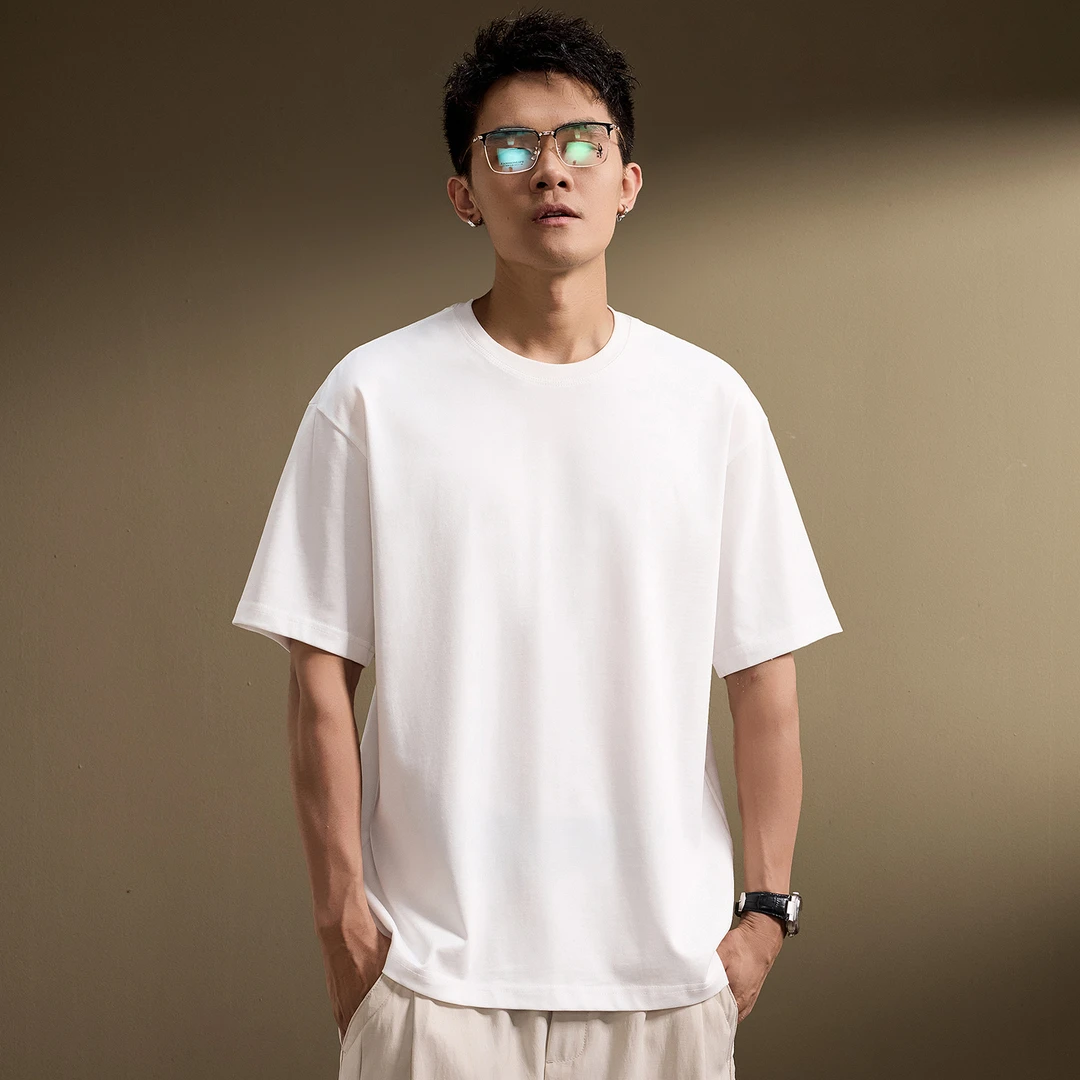 美式高端重磅简约纯棉短袖T恤男夏季轻熟风纯色宽松百搭半袖T恤衫