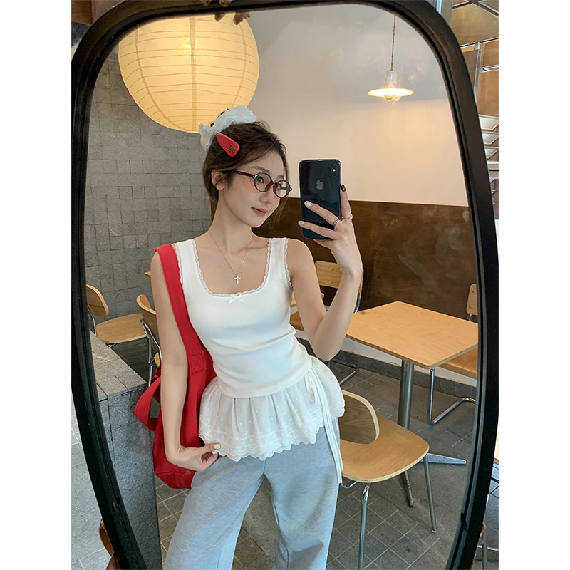 美式无袖U领拼接蕾丝边吊带背心女春夏季带胸垫辣妹内搭短款上衣