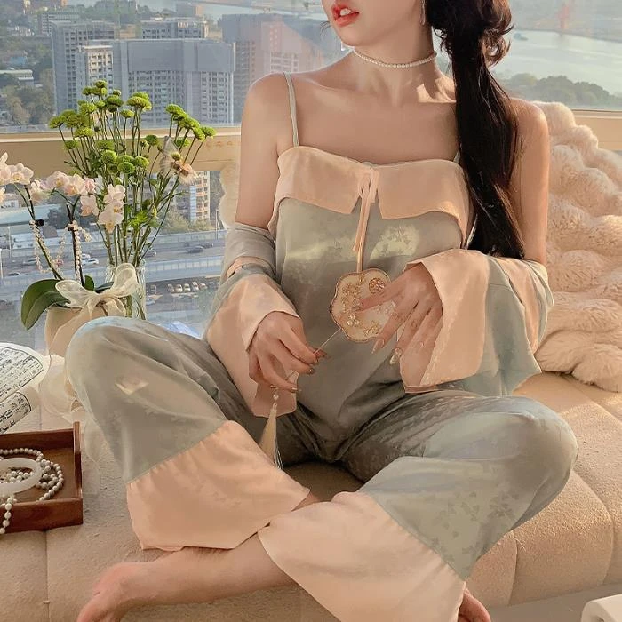gpsunlu高级感提花冰丝睡衣女带胸垫性感甜美夏季新中式家居服