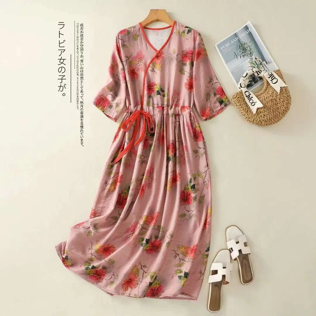 7310#夏季新款印花连衣裙女宽松显瘦收腰短袖文艺碎花裙