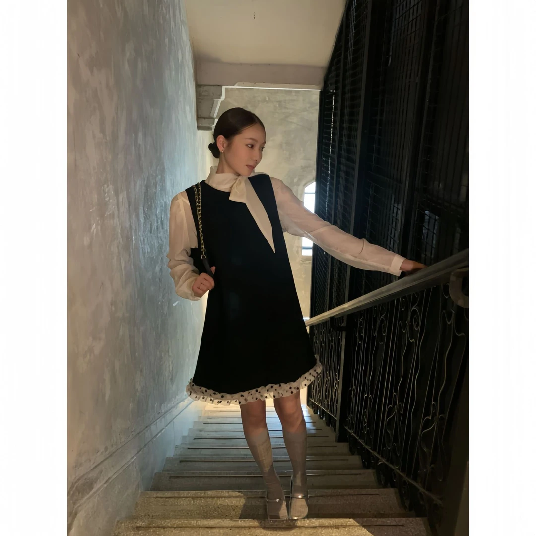 NEWOPEN 春秋季法式复古波点下摆圆领背心连衣裙女F1871