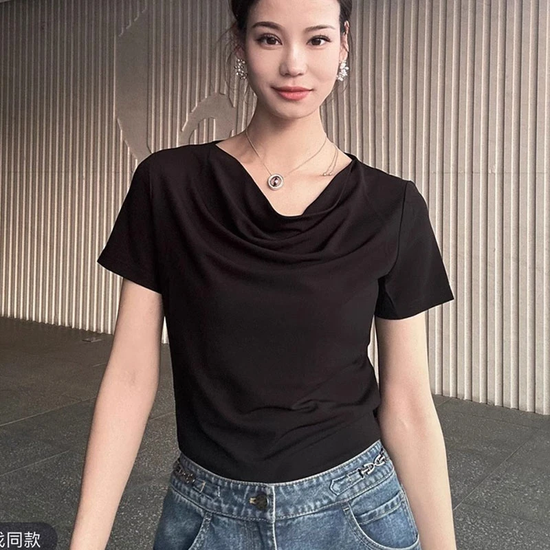 【商场同款】冰丝短袖减龄气质纯色休闲荡领上衣显瘦针织T恤530064