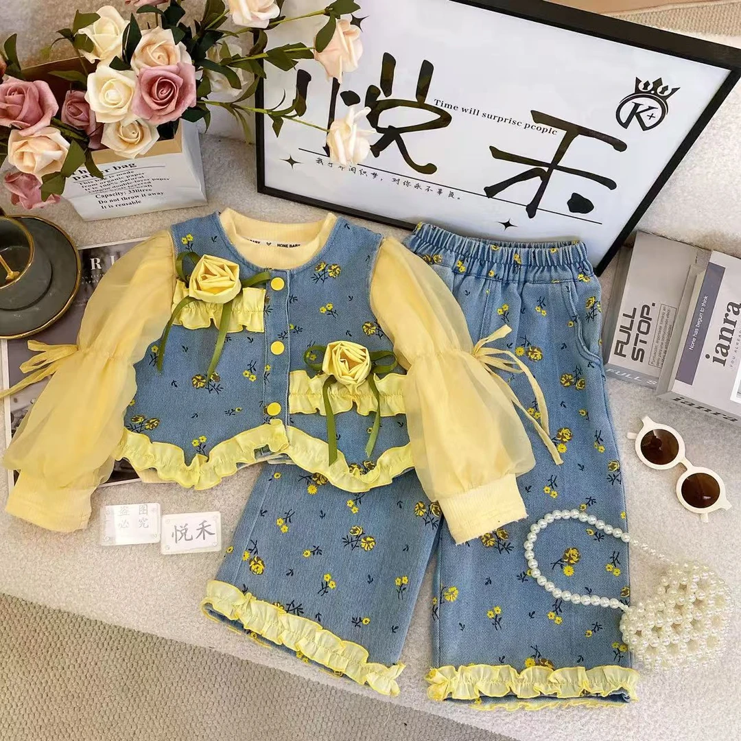 YH【悦禾】女童秋款上新甜美秋季牛仔马甲长裤女童洋气休闲套装7696