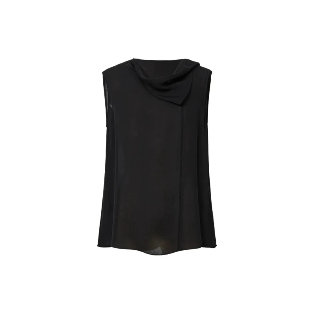 艾家商场同款女装2025夏款时尚百搭黑色无袖小衬衫飘带上衣5015