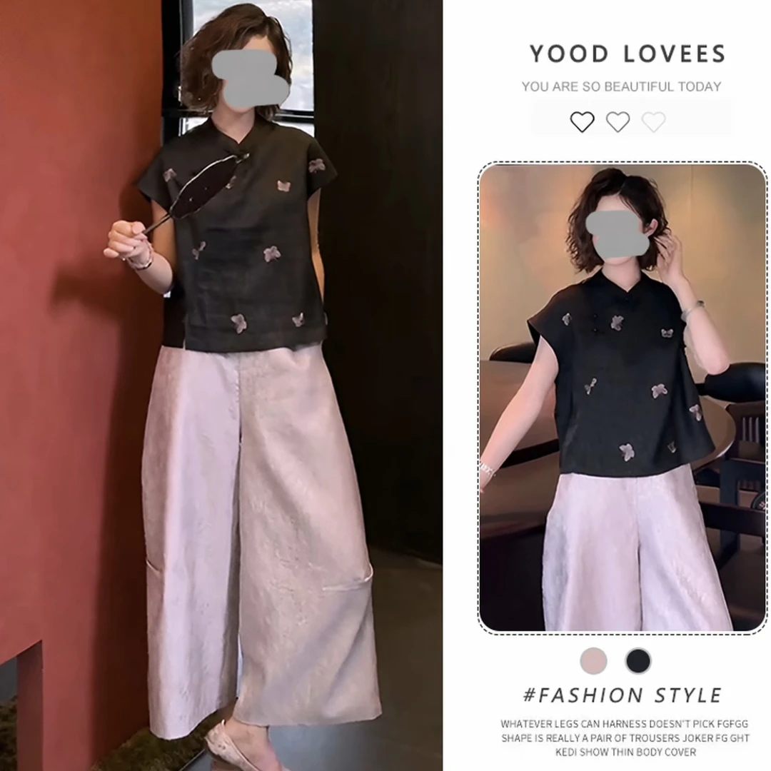 夏款新中式复古盘扣短款上衣+裤子套装气质中年女装国风短袖小衫