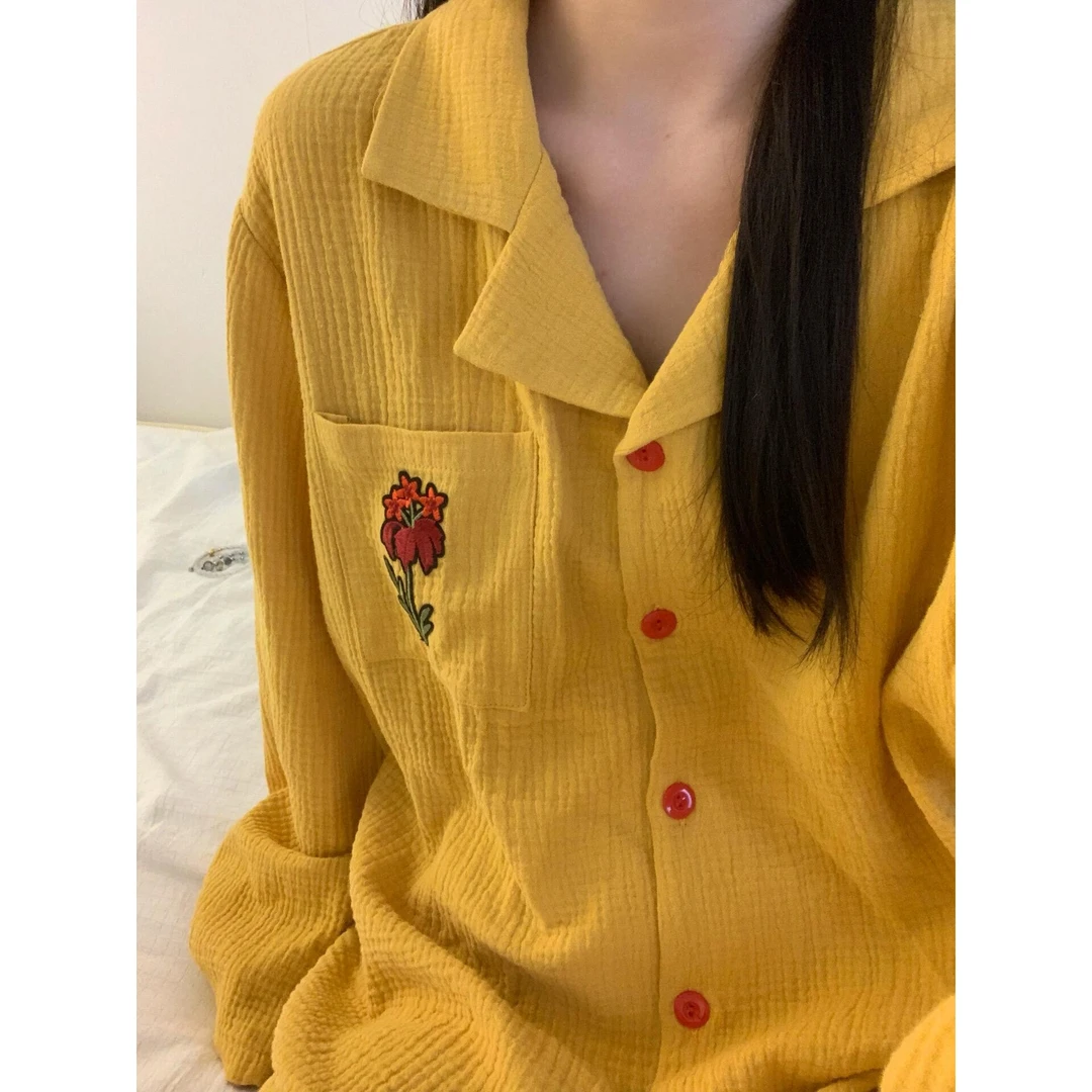 甜美简约纯色小花刺绣睡衣女春秋季新款长袖长裤家居服套装可外穿