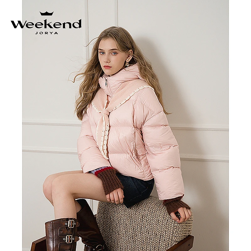 卓雅周末24冬季新款撞色披肩海军领连帽面包羽绒服短外套Q260985C