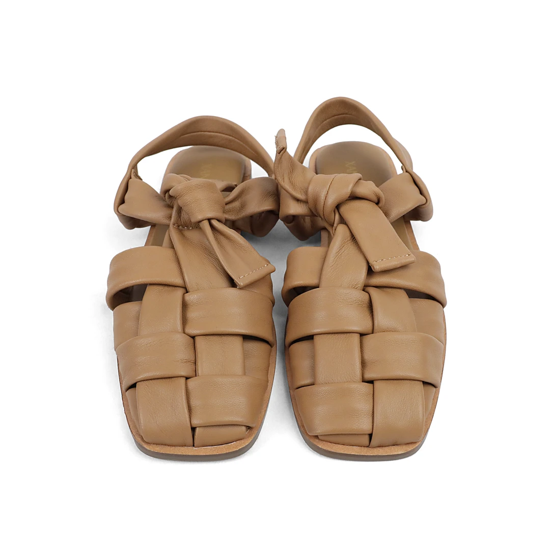 软绵绵法式复古方头罗马真皮凉鞋