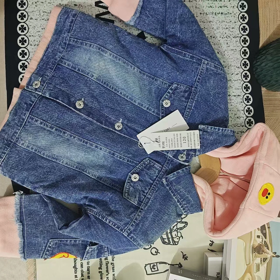 H871女童秋冬连帽粉色牛仔加绒