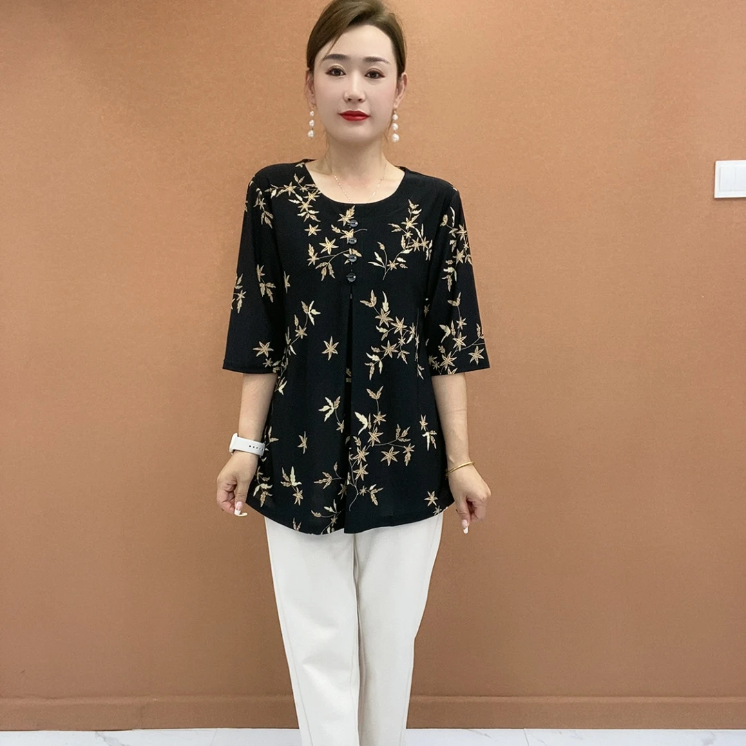 夏季新款大版衫宽松显示遮肉中年妈妈装A字版型中袖