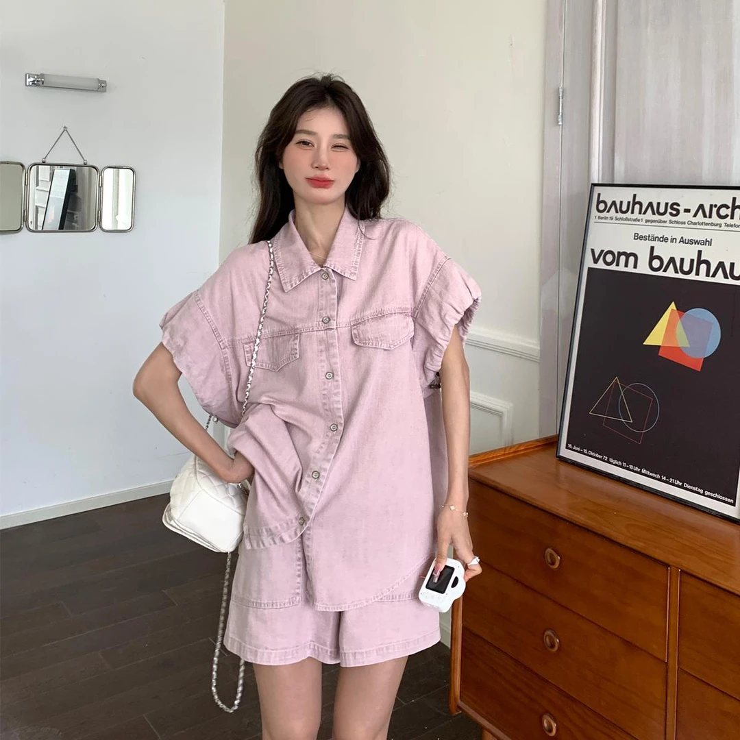 粉色薄款牛仔套装女小个子2025夏新款复古盐系短袖衬衫短裤两件套