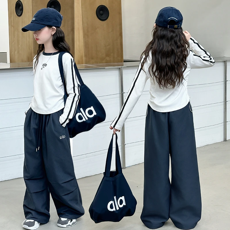 女童春秋新款中大童洋气时尚韩版百搭圆领字母T恤休闲裤两件套