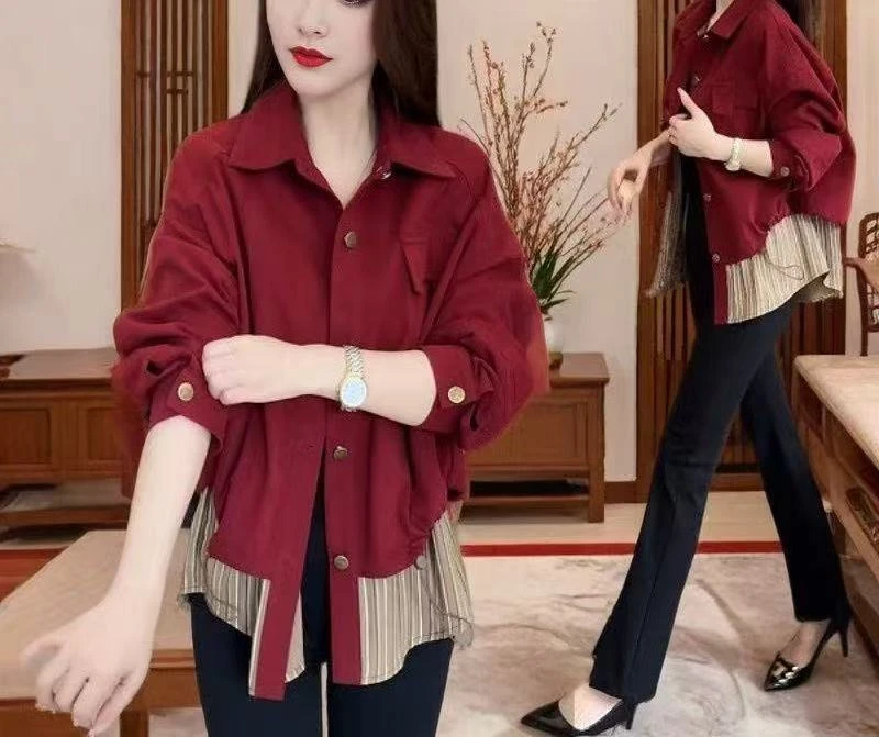 多巴胺休闲爆款拼接单款假两件减龄秋冬外套小众洋气假两件上衣