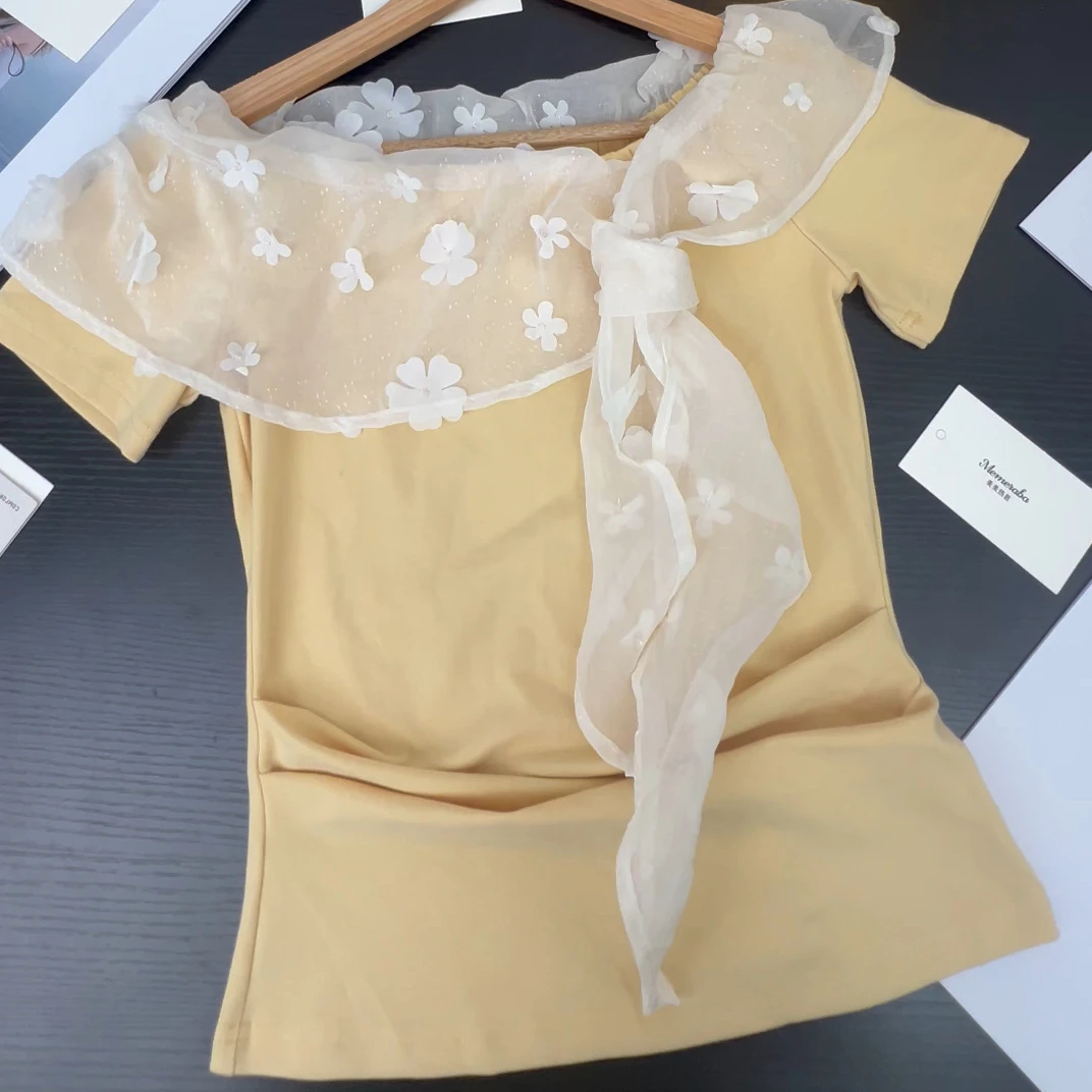 短袖T恤夏装薄款女2025新款夏季精致小众短款黄色露肩一字肩上衣