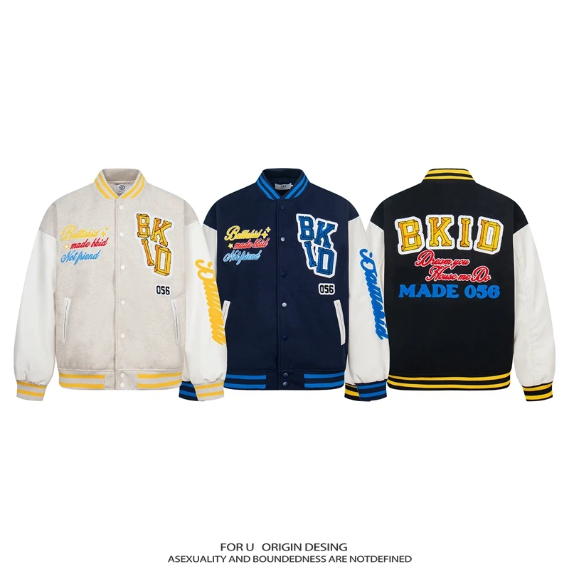 FOR U 原创国潮美式复古撞色刺绣拼接百搭休闲棒球服情侣夹克外套