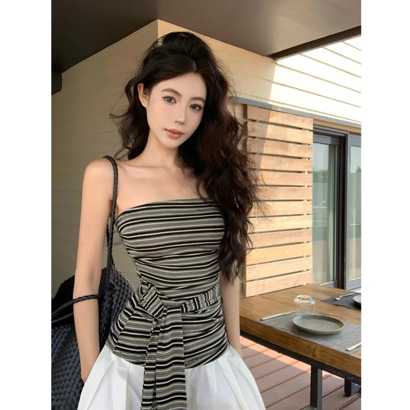 复古撞色条纹露背抹胸背心女夏季绑带修身无袖外穿设计感辣妹上衣
