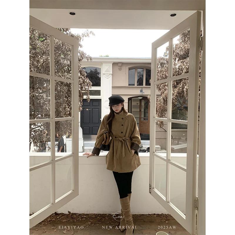 EIA一尧【安徒生旧梦】麂皮绒风衣外套女冬复古气质立领短款大衣