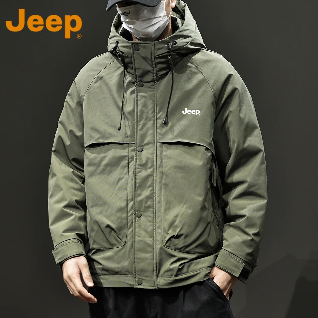 JEEP吉普90绒工装连帽羽绒服男款冬季军绿色轻薄防寒保暖冲锋外套