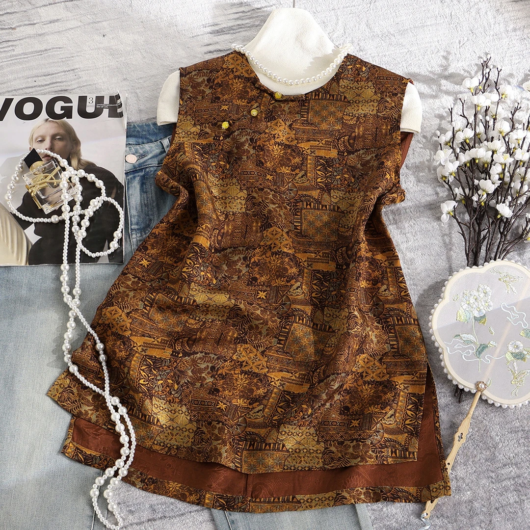 深圳南油老钱风人丝香云纱复古旗袍上衣女斜襟包袖珠扣开叉衬衫女