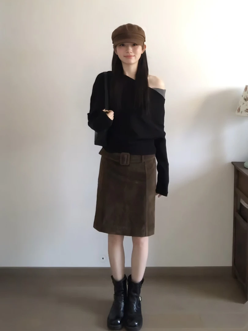 2025秋季新款韩系复古穿搭气质长袖斜肩上衣高腰显瘦半身裙两件套