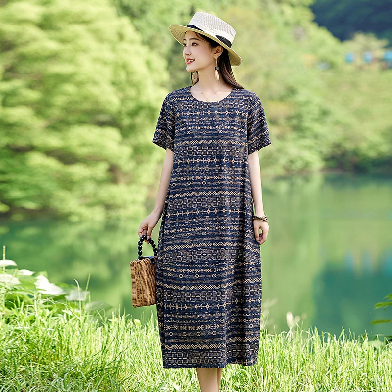 休闲短袖连衣裙女2025夏新款妈妈简约时尚高级感复古气质减龄裙子