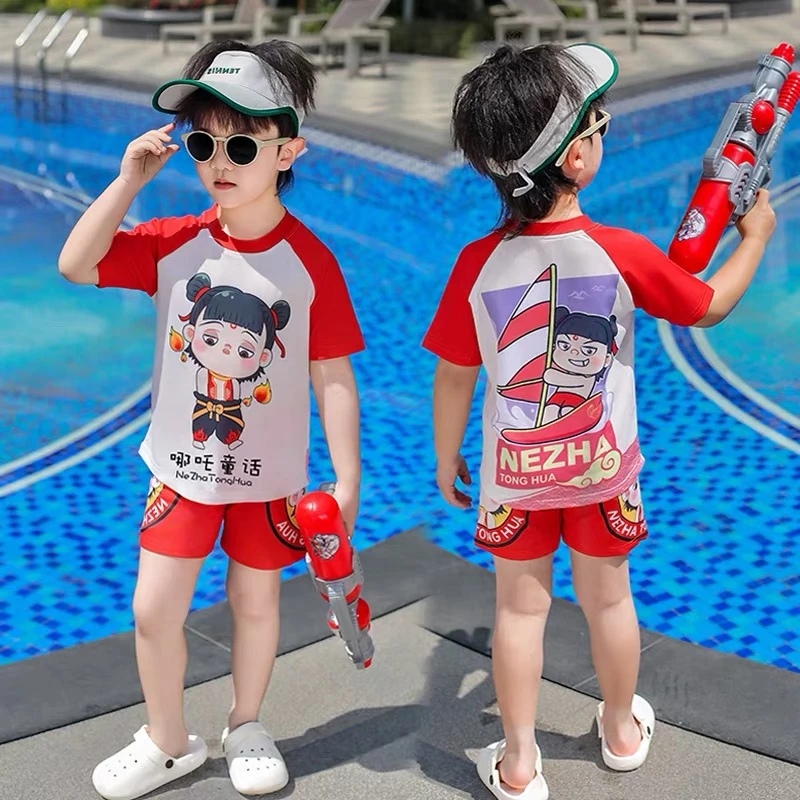 儿童泳衣男童夏季专业防晒分体泳装泳裤宝宝哪吒速干短袖游泳衣服