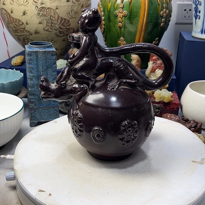 古***观摆件定窑紫定倒流壶