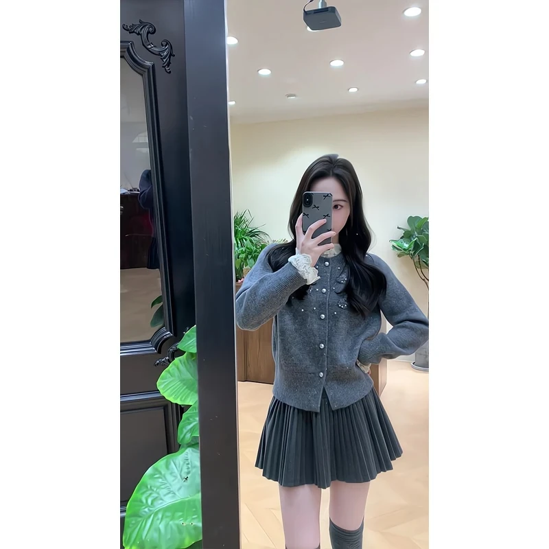 小香风气质蕾丝花边圆领宽松显瘦软糯毛衣百褶半身裙小短裙jk裙子