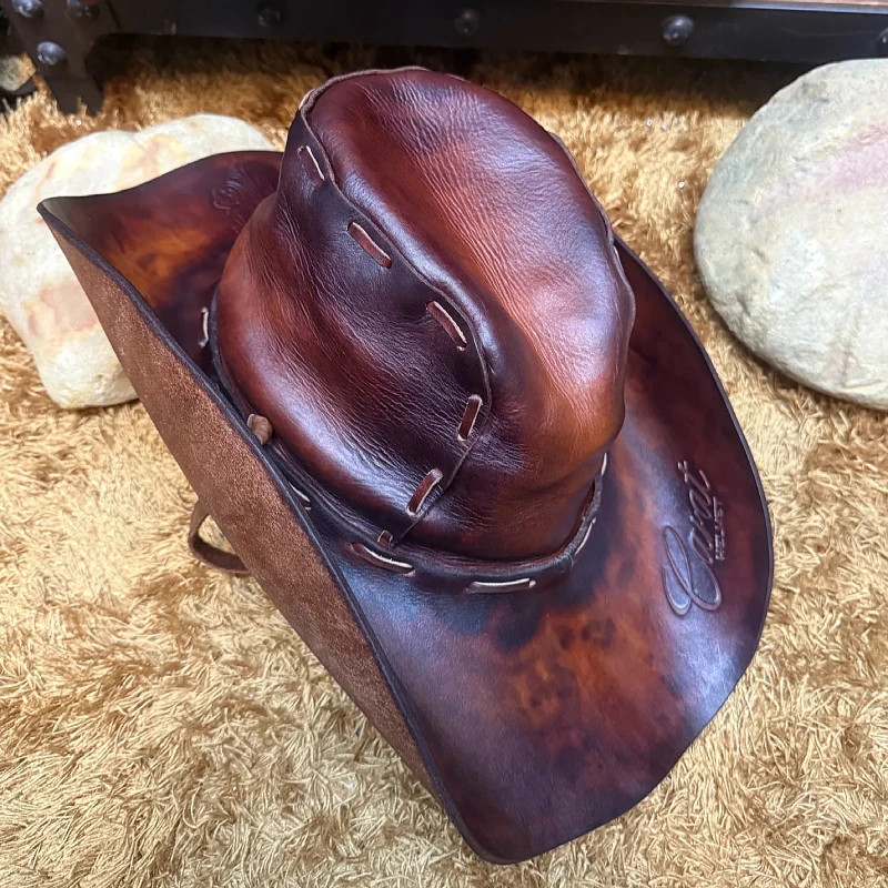 植鞣牛皮帽重手工水洗骑士帽圆顶大檐复古牛仔帽男四季通用骑士帽