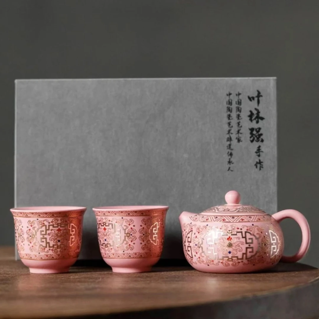 叶林强粉紫砂敦煌印象西施壶加俩杯套组 3521