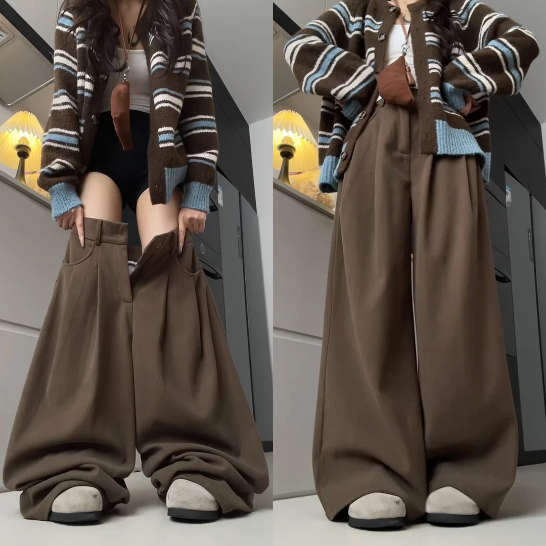 美拉德棕咖色裤子灯芯绒阔腿裤女秋宽松直筒休闲裤今年流行梧桐裤