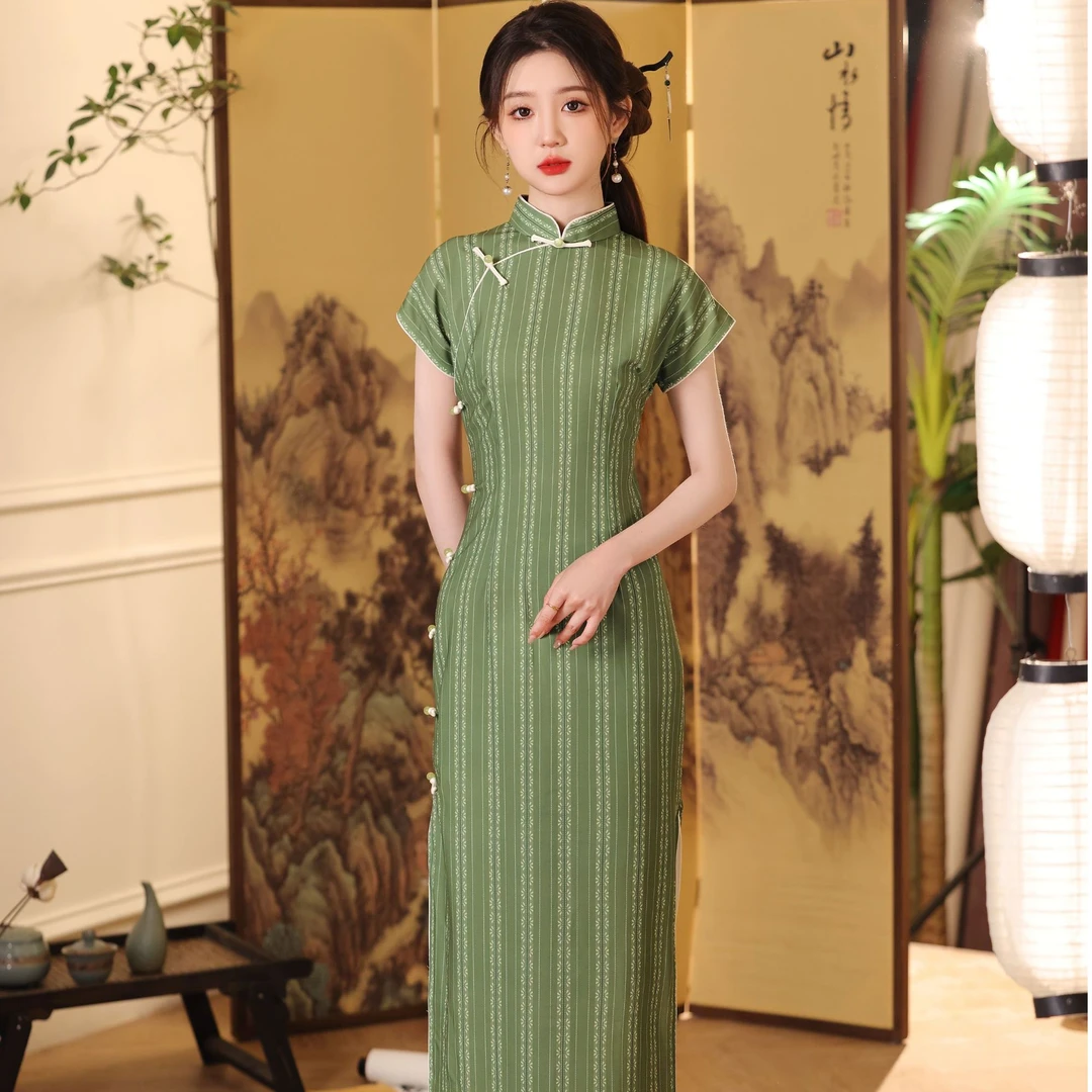 恬子梦 T804 夏季新款 春月 裙长125 短袖八扣旗袍