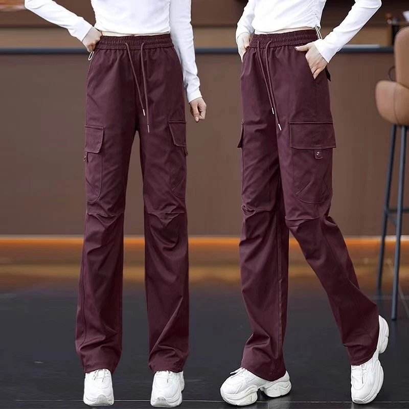 大码女装多口袋工装裤女2025春秋季安可拉红显瘦束脚直筒裤阔腿裤