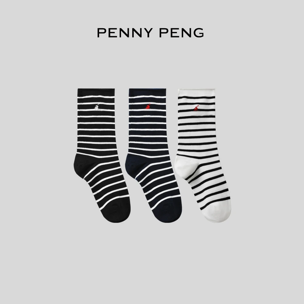 PENNYPENG 条纹袜 老钱风复古学院风百搭条纹袜 三色一组
