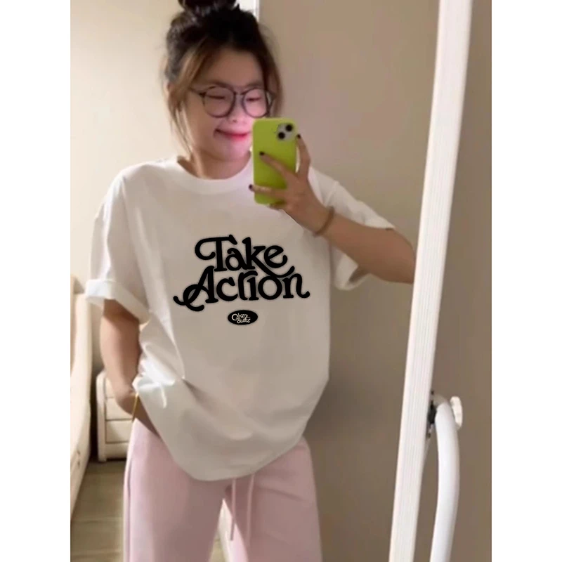 100%纯棉重磅大版显瘦短袖t恤男女通穿简约字母高街上衣圆领半袖