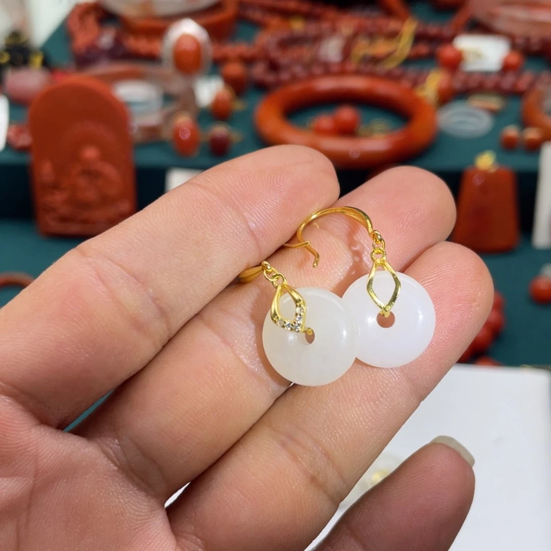 南红玛瑙平安扣耳环未镶嵌