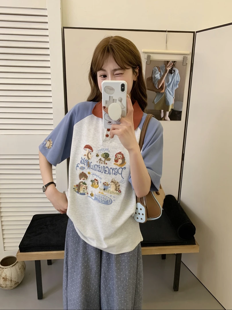 程程甄选-「卖花小刺猬」 韩系重工刺绣翻领时尚体恤5220