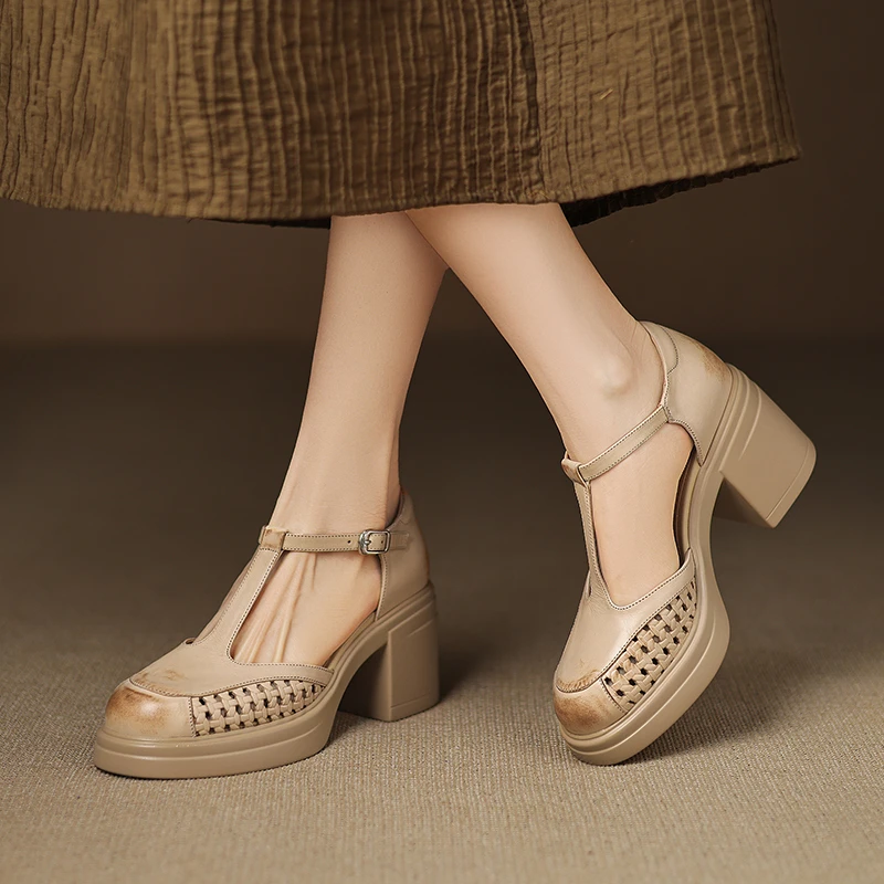 牛皮/8cm/小个子增高跟粗跟厚底超轻时尚百搭真皮包头凉鞋夏女鞋