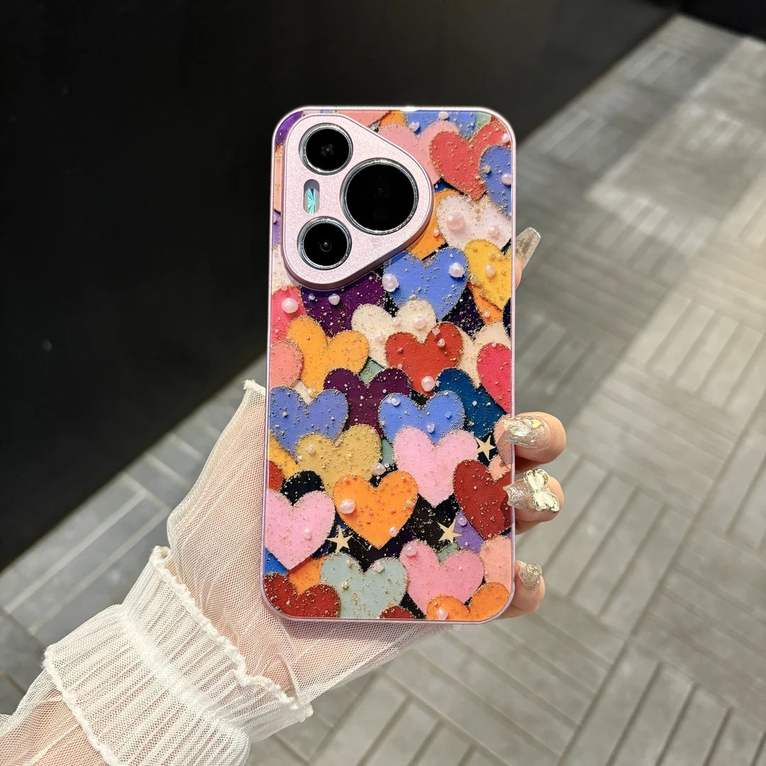苹果/华为/oppo/vivo/小米炫彩珍珠爱心适用pura70肤感玻璃手机壳