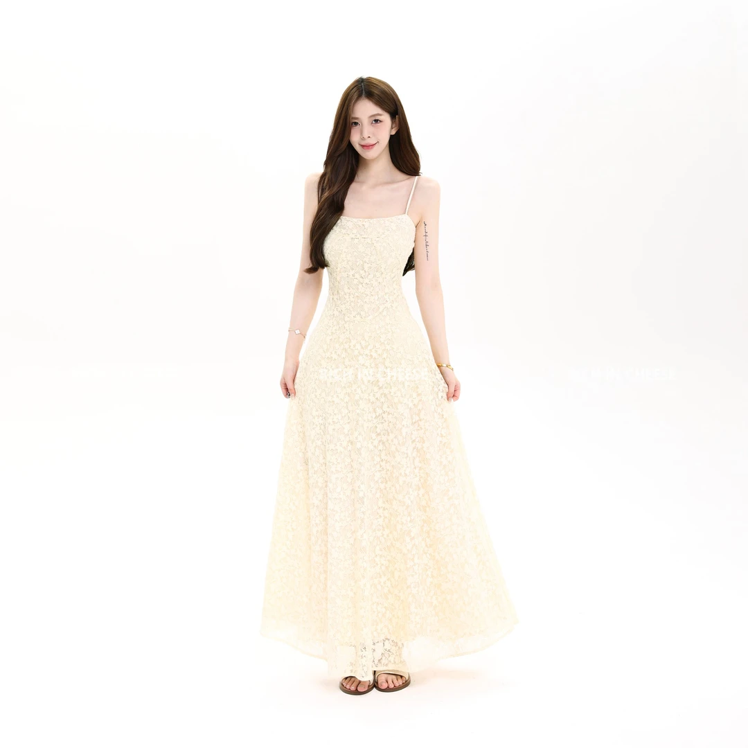 舒胡蕾 白茉莉 氛围艺术感温柔奶油色系蕾丝吊带收腰连衣裙