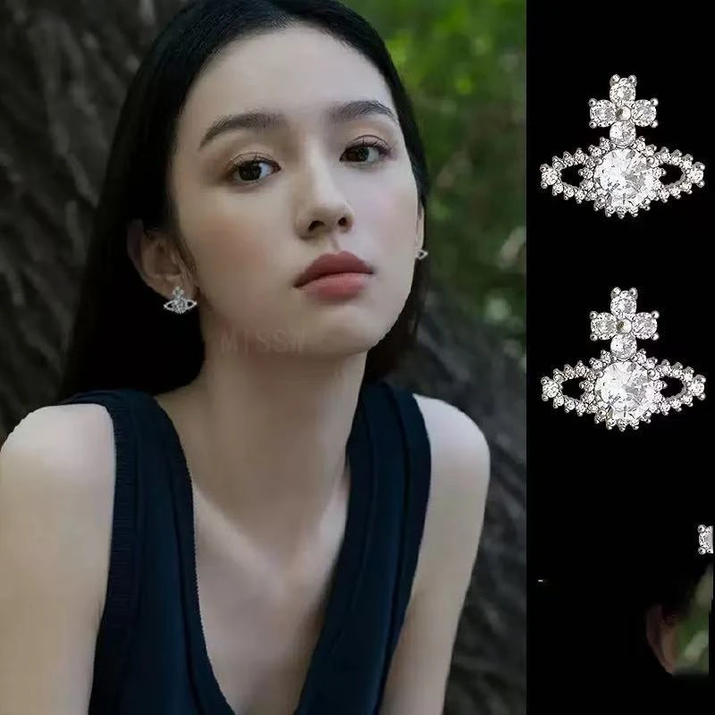 铜合金合成锆石耳饰 超闪土星耳钉女淑女气质百搭轻奢耳环N3320