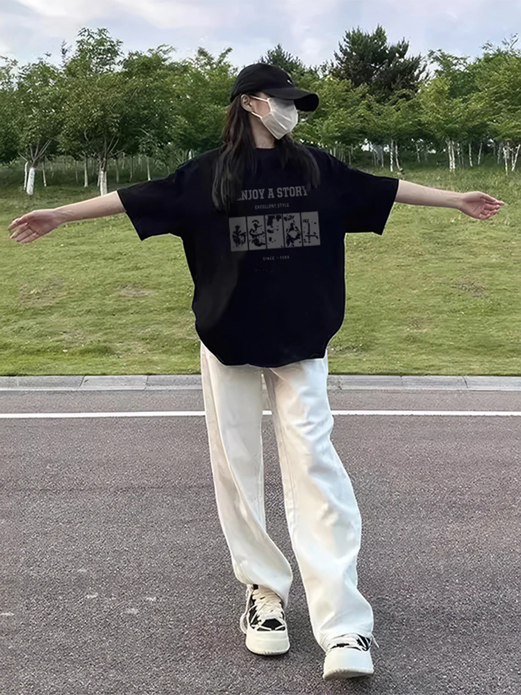 黑色短袖t恤女纯棉2025百搭爆款宽松大码体恤设计感半袖上衣夏季