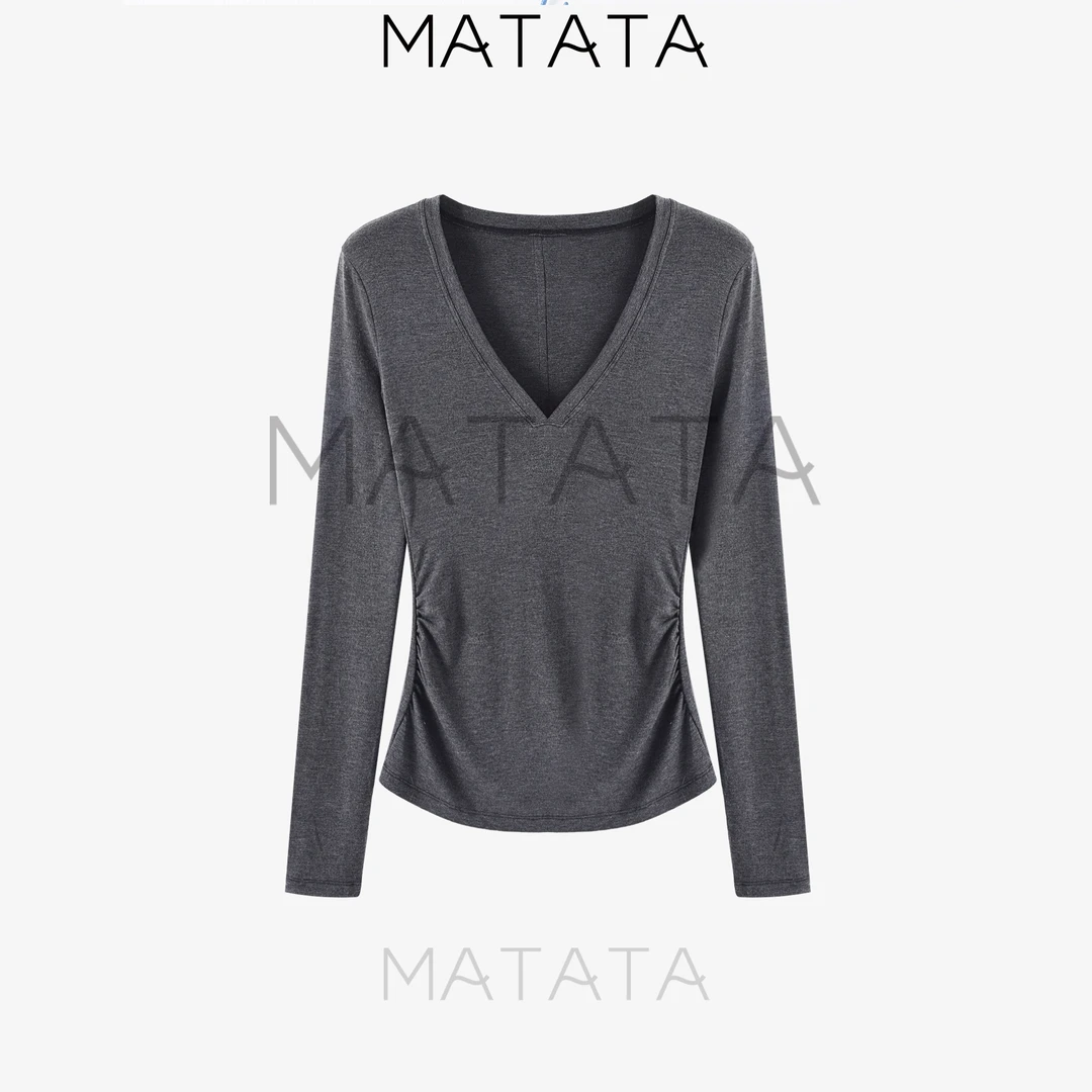 【坨坨耶】2025/S 灰纸片 V领长袖显瘦打底上衣