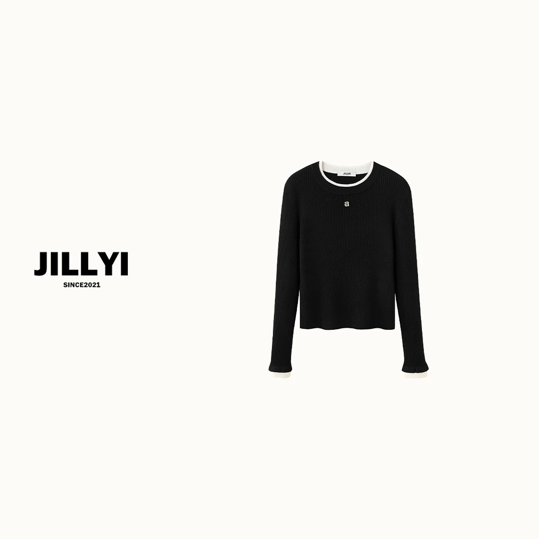 JILLYI【A钻撞色】黑白撞色圆领A钻经典时尚百搭针织打底衫