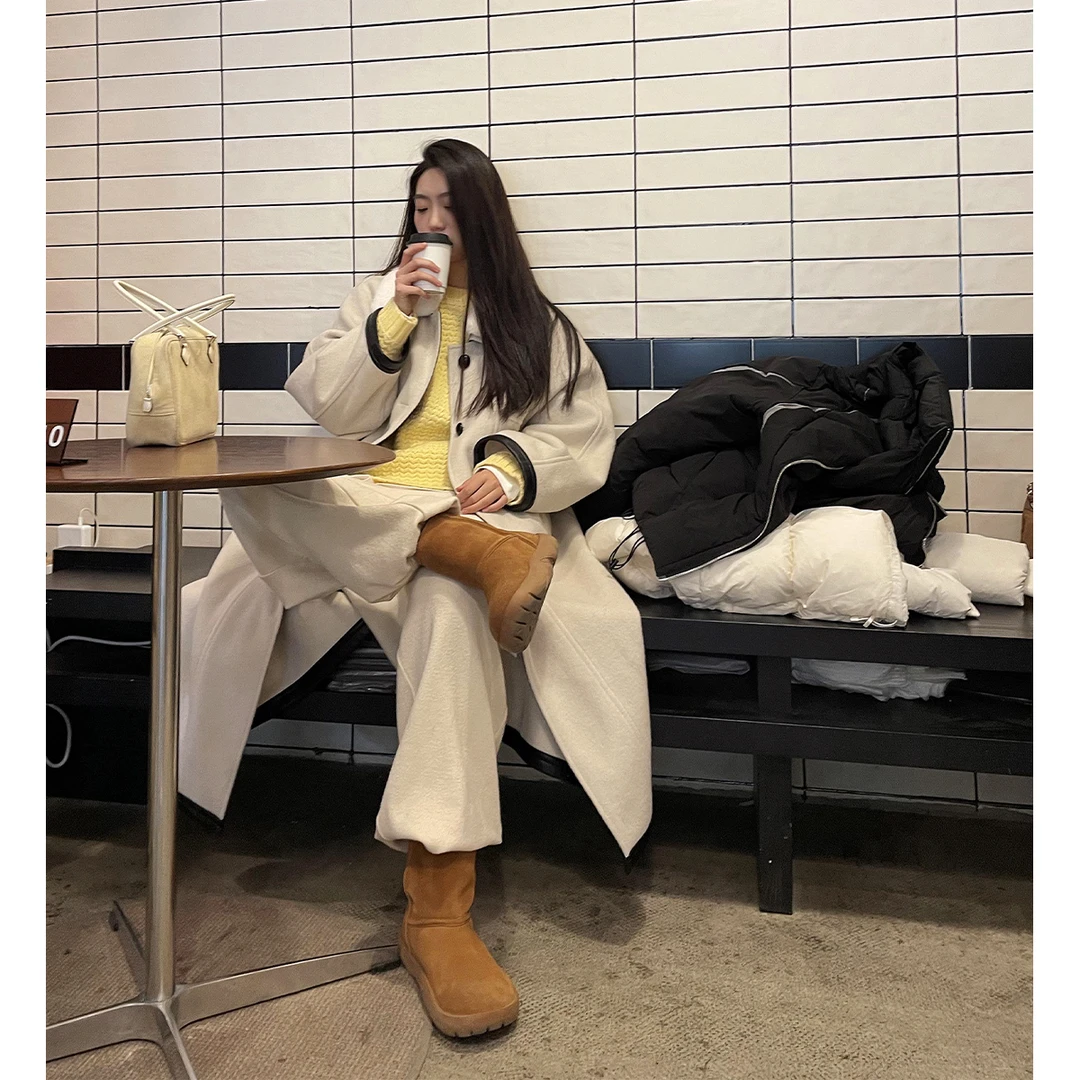 白标~冷雾西雅图~三粒扣拼皮翻领毛呢大衣长款休闲外套秋冬女