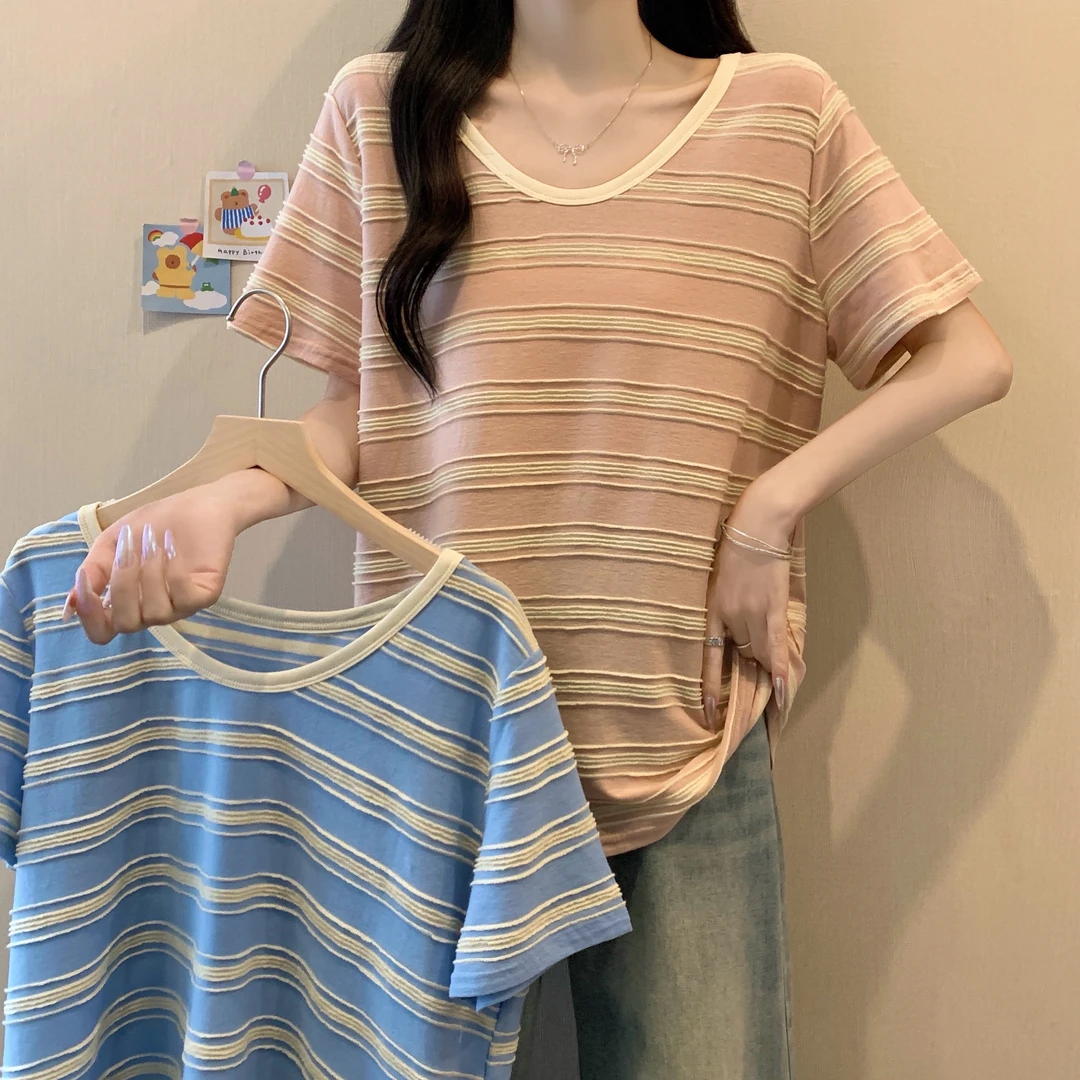 2025新款大码女装撞色条纹慵懒U领大码显瘦T恤3128