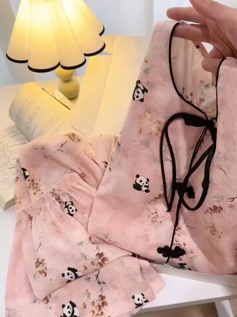 甜美新中式国风熊猫盘扣带胸垫睡衣女早秋新款长袖套装大码家居服